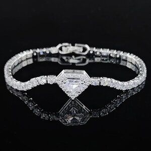 NEW LUXURY S925 DIAMOND HEART SILVER BANGLE BRACELET